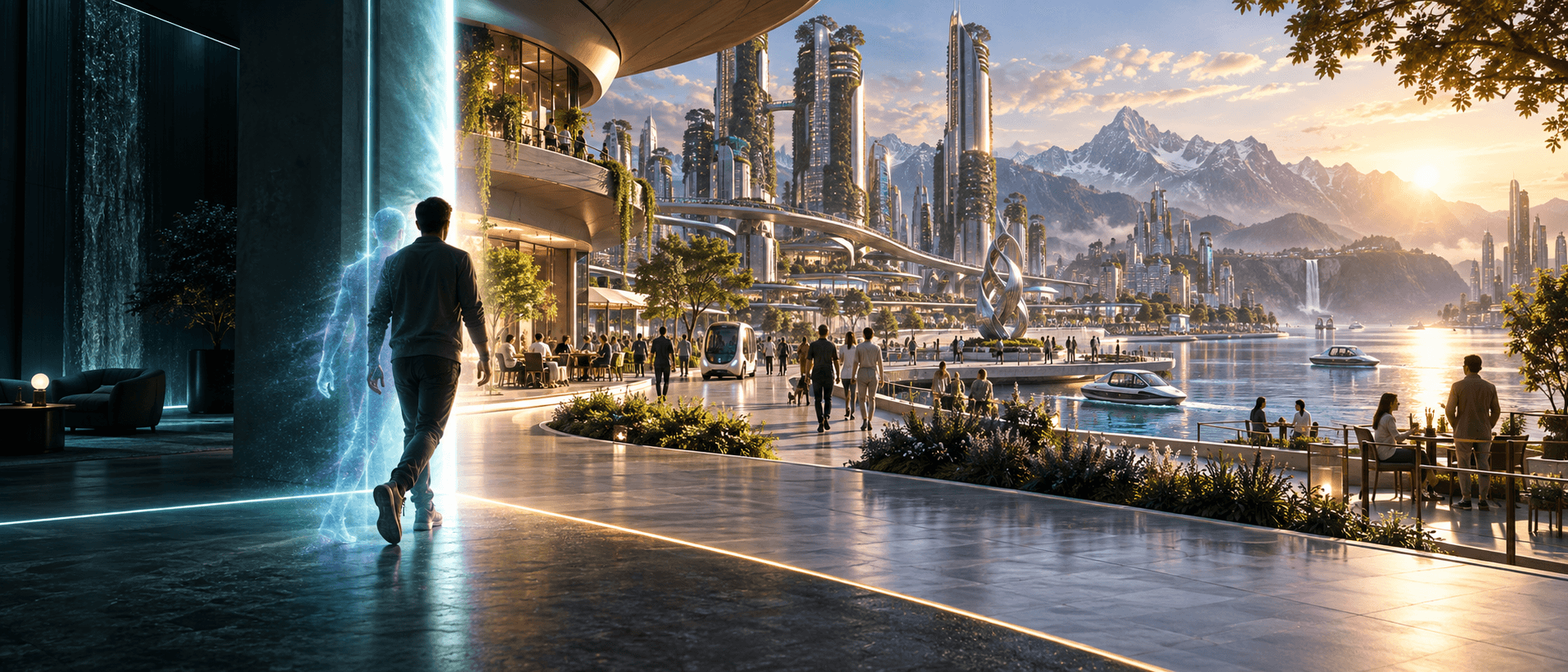 A future visitor enters the embodied Genesis City experience