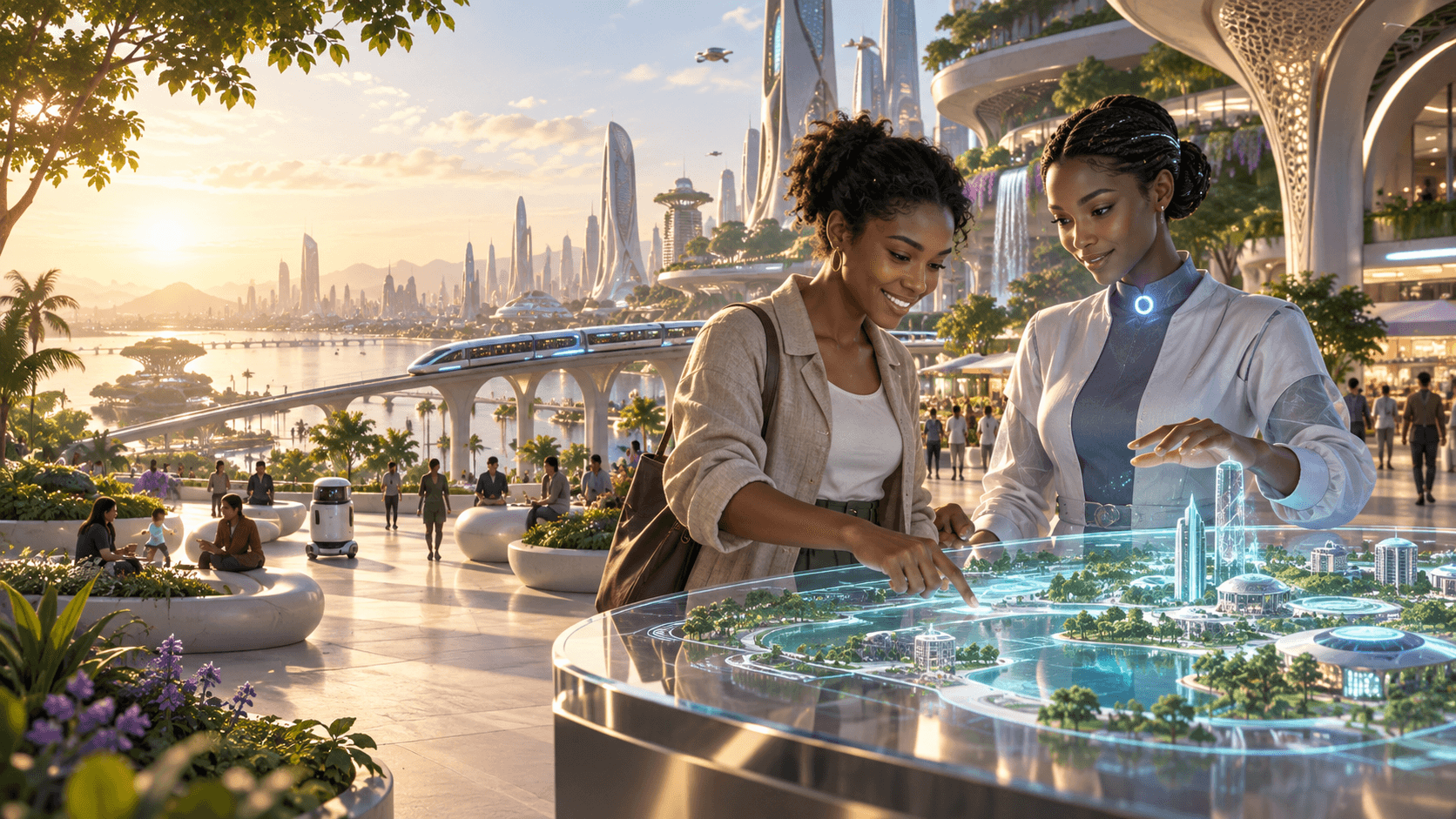 A human visitor and a synthetic Digital Human collaborate in Genesis City