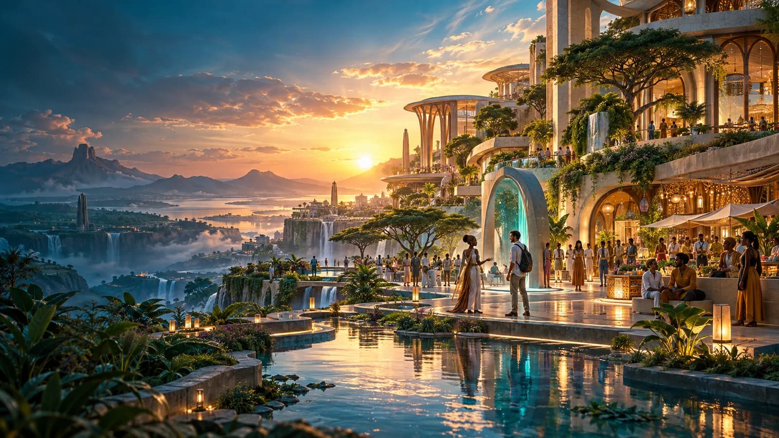 Future Genesis city vision at dawn