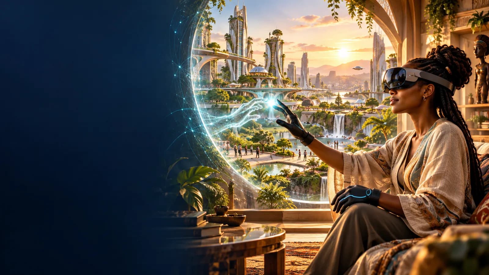 Future concept of a human using external XR and gloves to meet a digital counterpart in a green Genesis city